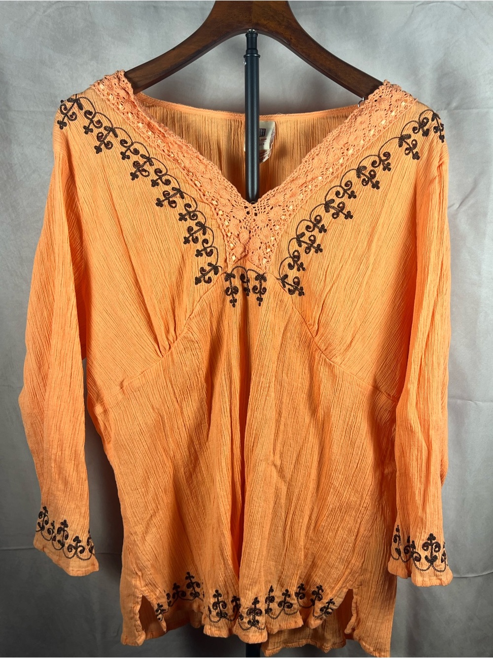 Faded Glory Orange V-Neck Embroidered Peasant Blouse